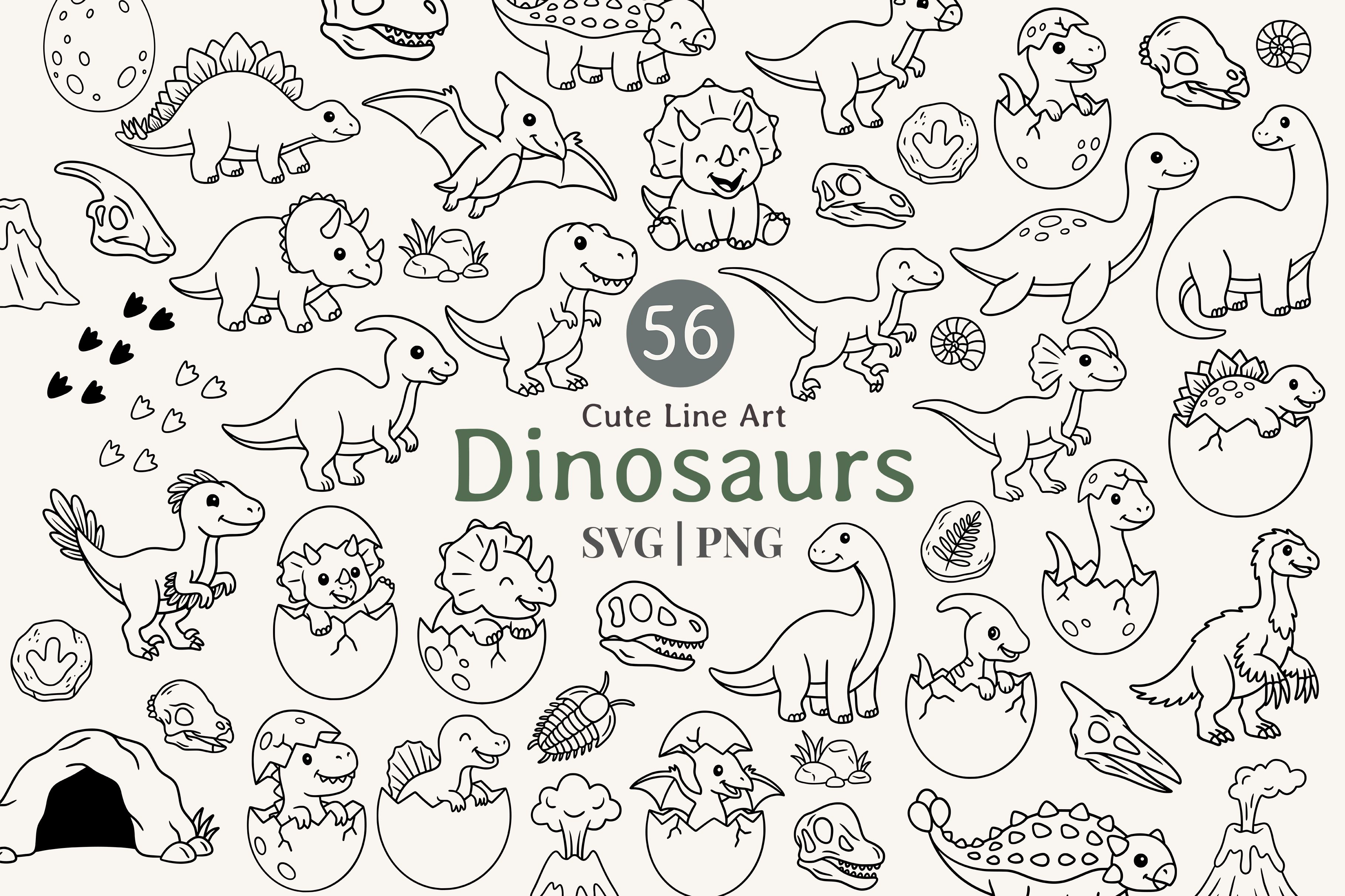 Cute Dinosaur Line Art Clipart Bundle